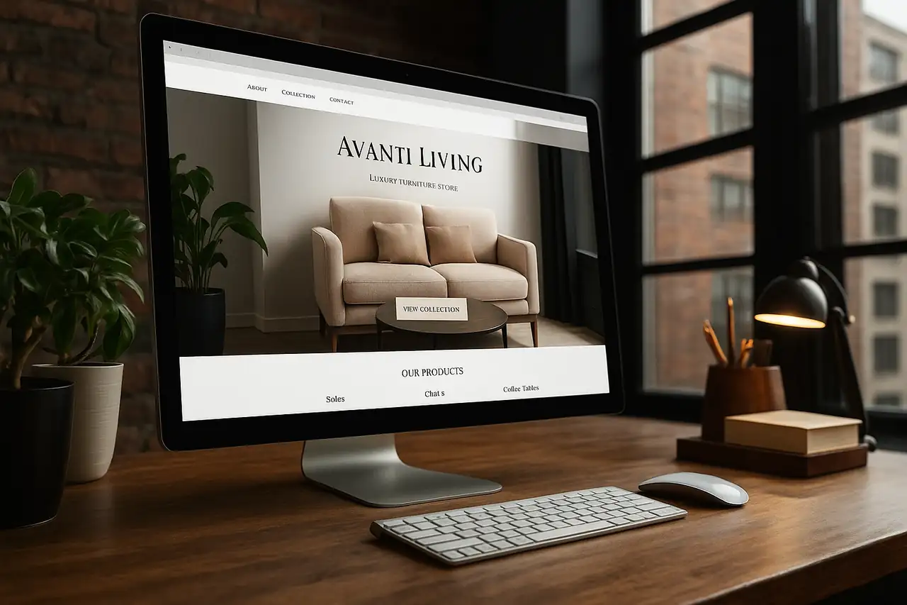 Website van Avanti Living, een luxe meubelwinkel, op een iMac met een beige bank in de hero, op een houten bureau naast een raam