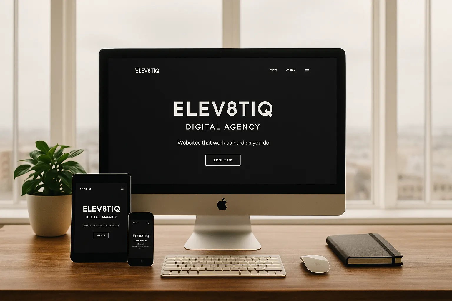 Website van Elev8tiq Digital Agency op een iMac, tablet en smartphone, op een houten bureau voor een raam
