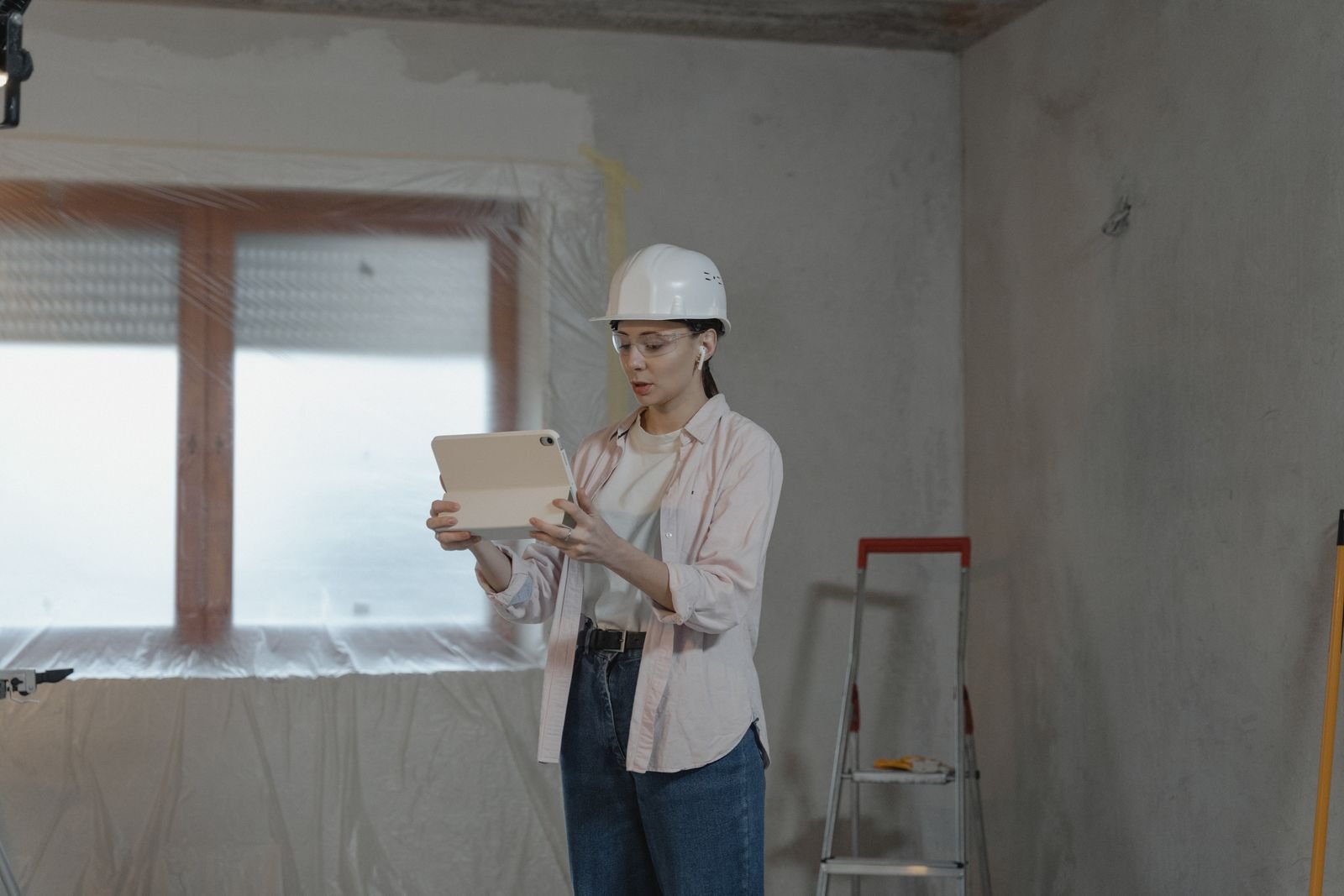 Vrouw met bouwhelm kijkt op een tablet in een woning in aanbouw